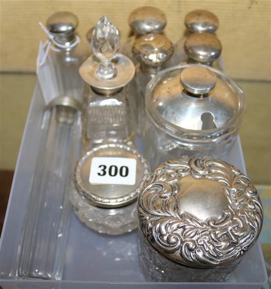 8 silver topped scent bottles & 3 pots